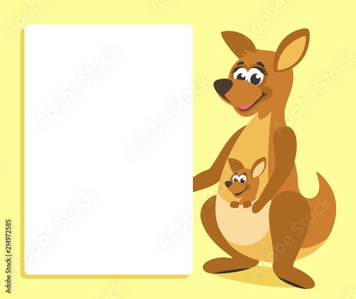 Brown kangaroo with white board. Template for your text. Cartoon character with white banner. Place your text on blank sheet. Vector illustration.
