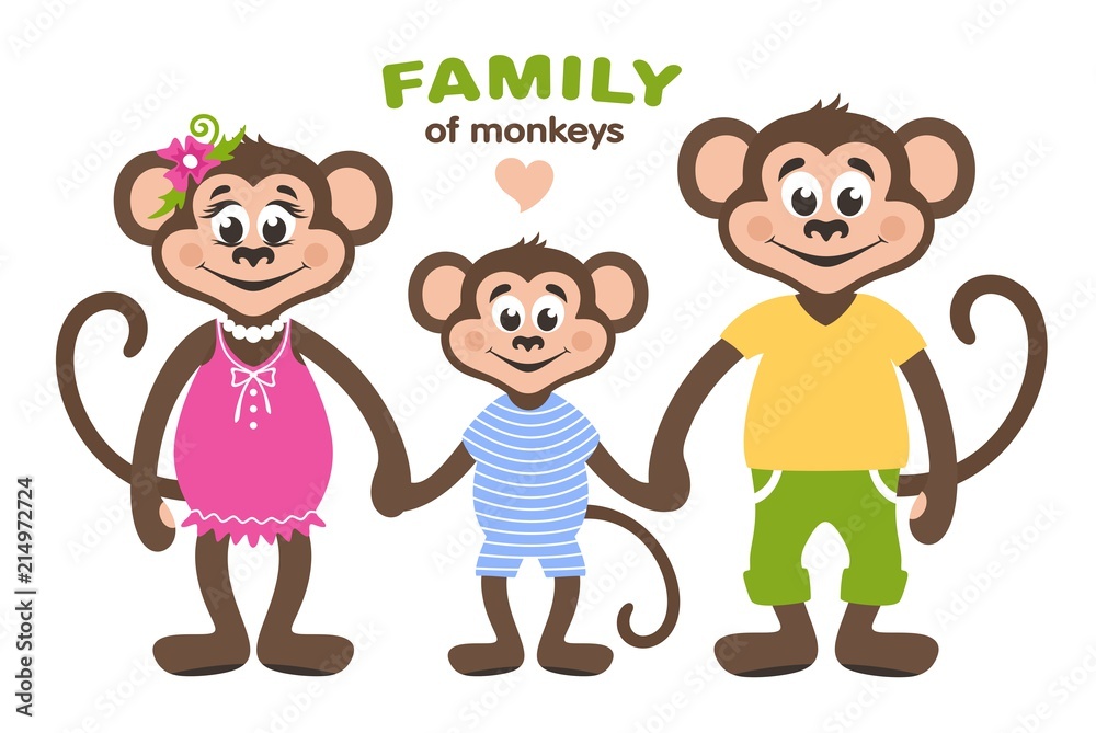 A family of three monkeys - mom, dad and son. Cartoon characters for  children. Vector illustration. Stock Vector | Adobe Stock