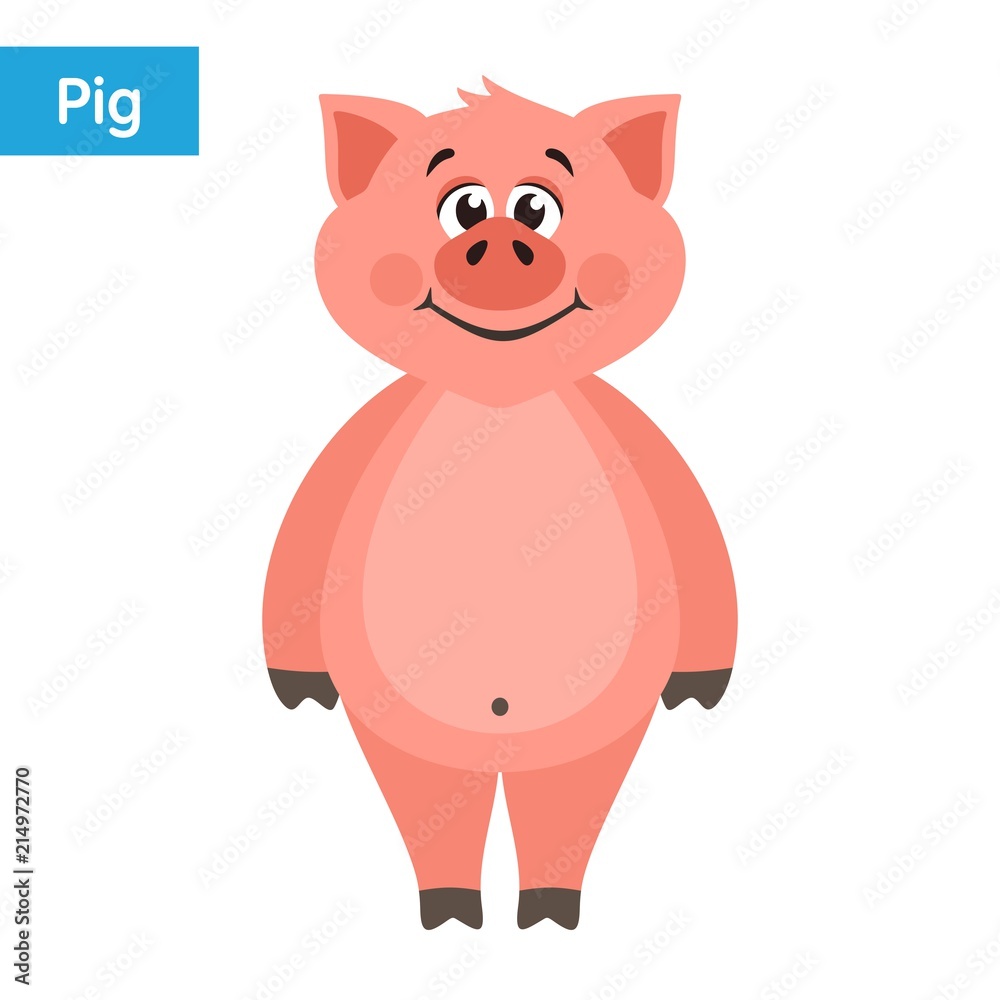 Cute pink pig. Cartoon character on a white background. Flat style. Colorful vector illustration. 
