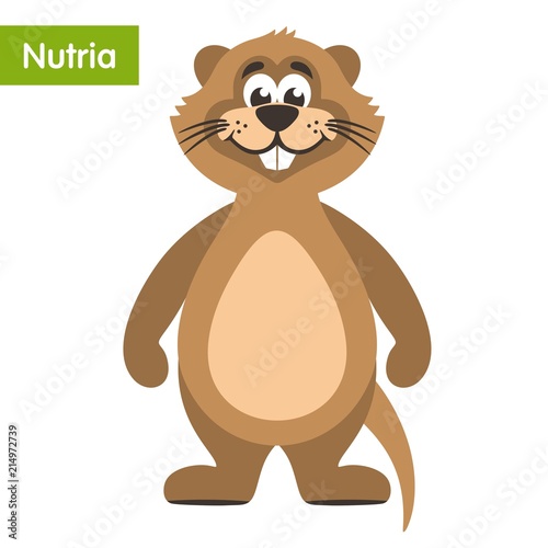 Funny brown nutria. Cartoon character in a white background. Flat style. Vector illustration.