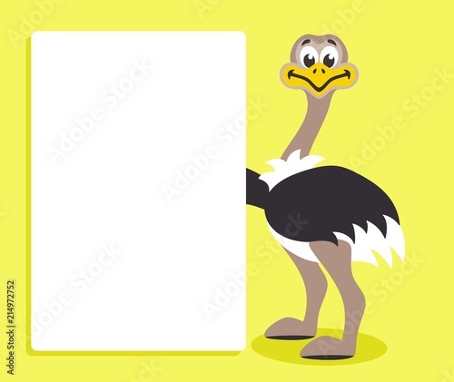Cute ostrich with white board on yellow background. Template for your text. Cartoon character with white banner. Place your text on blank sheet. Vector illustration.