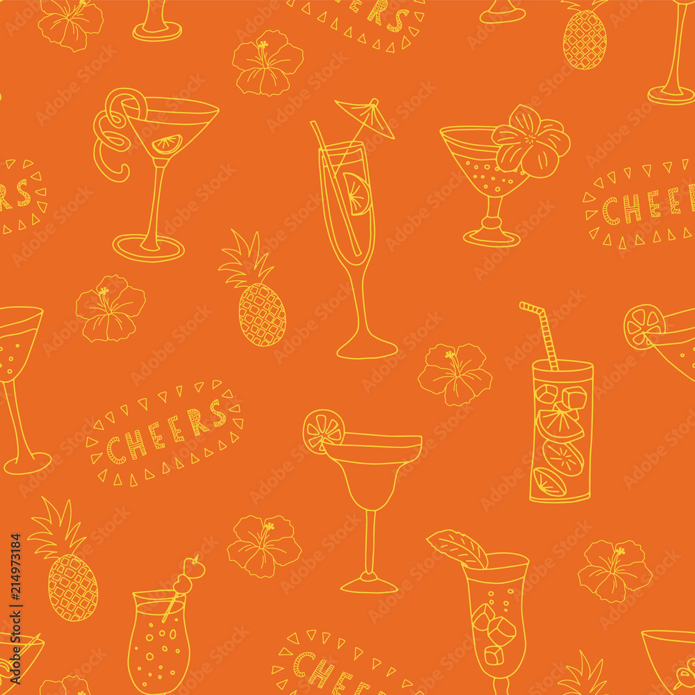 Cocktail glasses seamless vector pattern. Yellow drinking glasses on an orange background with Cheers lettering, pineapples, and hibiscus flowers. For backgrounds, restaurants, menues, bar decorations