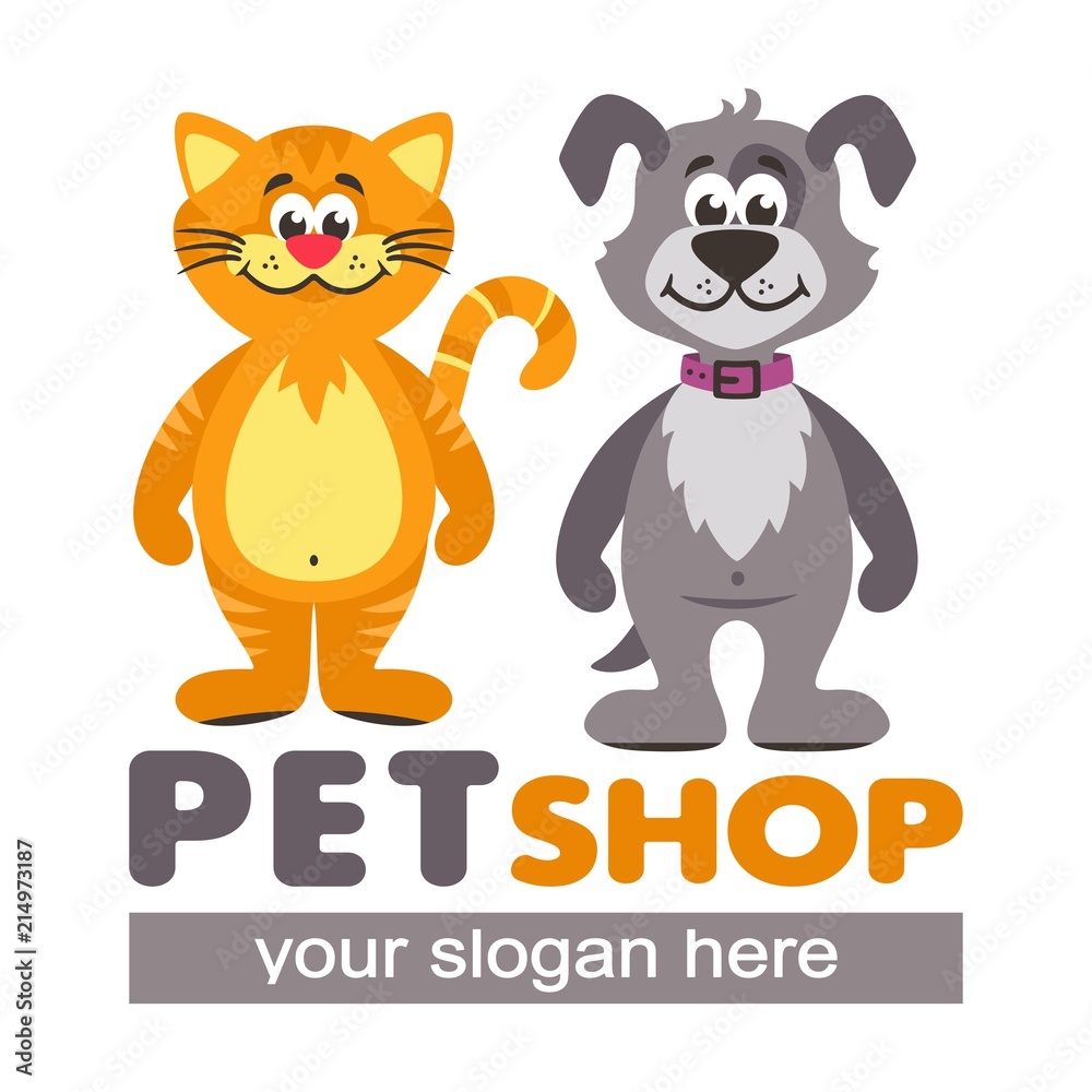 Vector logo for pet shops, animal shelters and veterinary clinics. Cartoon icon with orange cat and grey dog. 