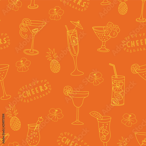 Cocktail glasses seamless vector pattern. Yellow drinking glasses on an orange background with Cheers lettering, pineapples, and hibiscus flowers. For backgrounds, restaurants, menues, bar decorations