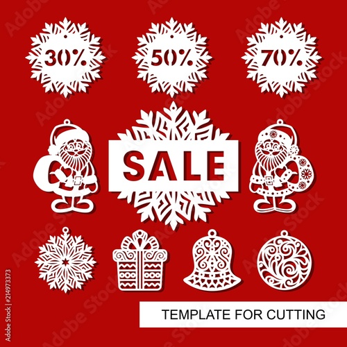 Set of christmas decoration for shop and markers - Santa Claus, bell, gift, snowflake,ball and signboard -"Sale". Templates for laser cutting, wood carving or printing. 