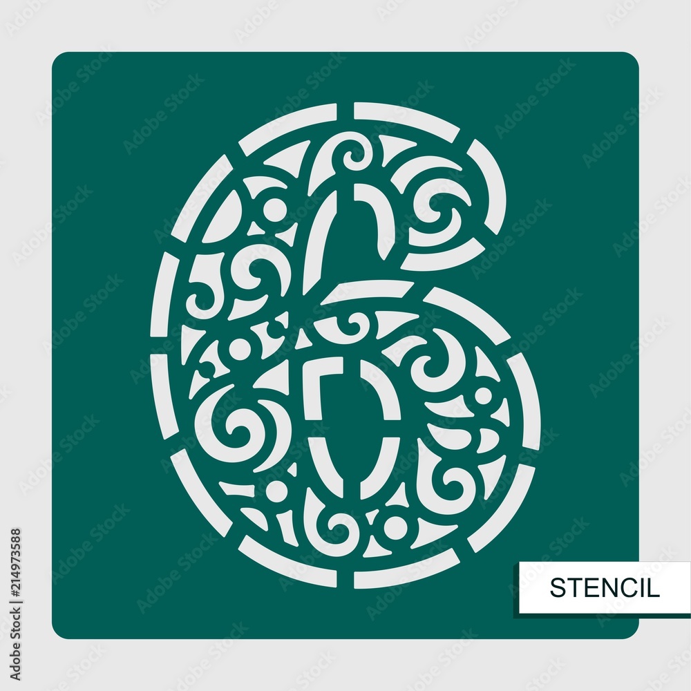 Stencil number six - 6. Template for laser cutting, wood carving, paper cut and printing. Vector illustration. Stencil number six - 6. Template for laser cutting, wood carving, paper cut and printing. Vector illustration.