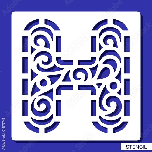 Stencil. Alphabet. Lacy letter H. Template for laser cutting, wood carving, paper cut and printing. Vector illustration.