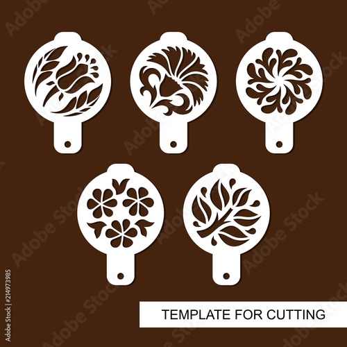 Set of coffee stencils. For drawing picture on cappuccino, macchiato and latte . Floral theme. Silhouettes of flowers and leaves. Template for laser cutting, paper cut  and wood carving. Vector.