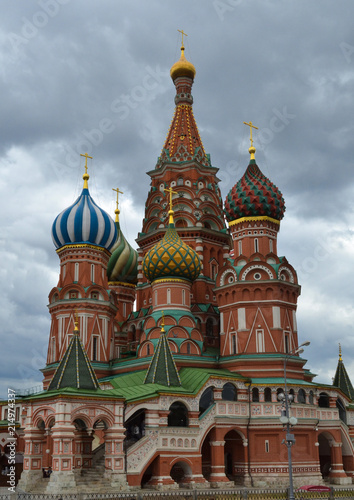 St. Basil's Cathedral on the red square in Moscow. Against the background of a cloudy sky.