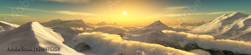 Peaks in the clouds at sunset. Panorama of the mountain landscape.
3D rendering
 photo