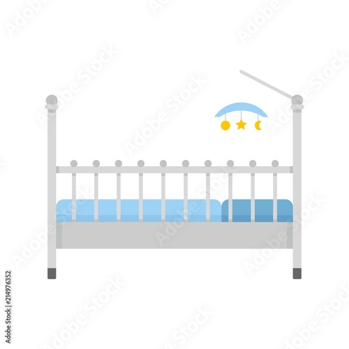 Baby bed with toys icon. Flat illustration of baby bed with toys vector icon for web isolated on white