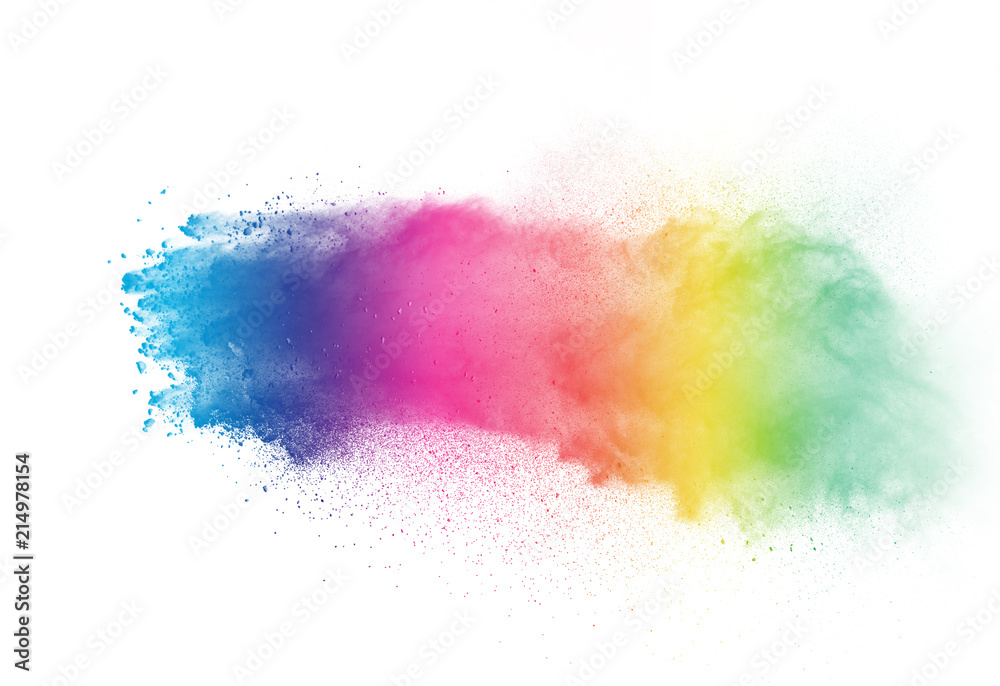 Freeze motion of color powder exploding on white background.