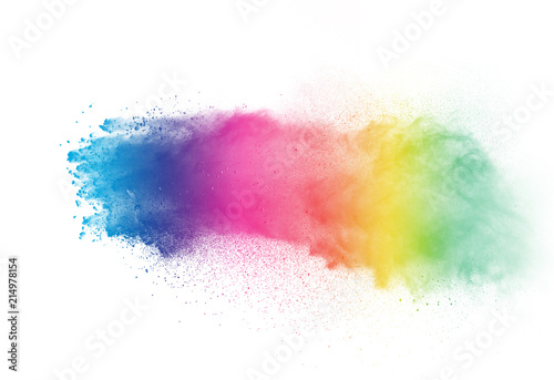 Freeze motion of color powder exploding on white background. © piyaphong