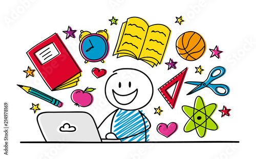 Happy stickman working on laptop - school concept. Vector.