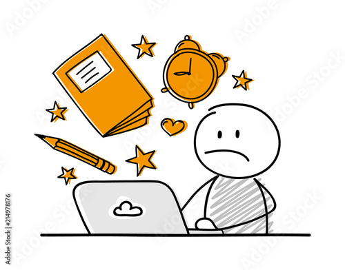 Hand drawn stickman working on laptop with school background. Vector.