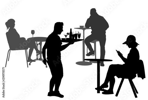Silhouette of people on table in a cafe and waiter silhouette with the tray