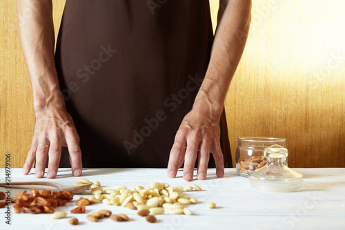 peeled almonds on the table.