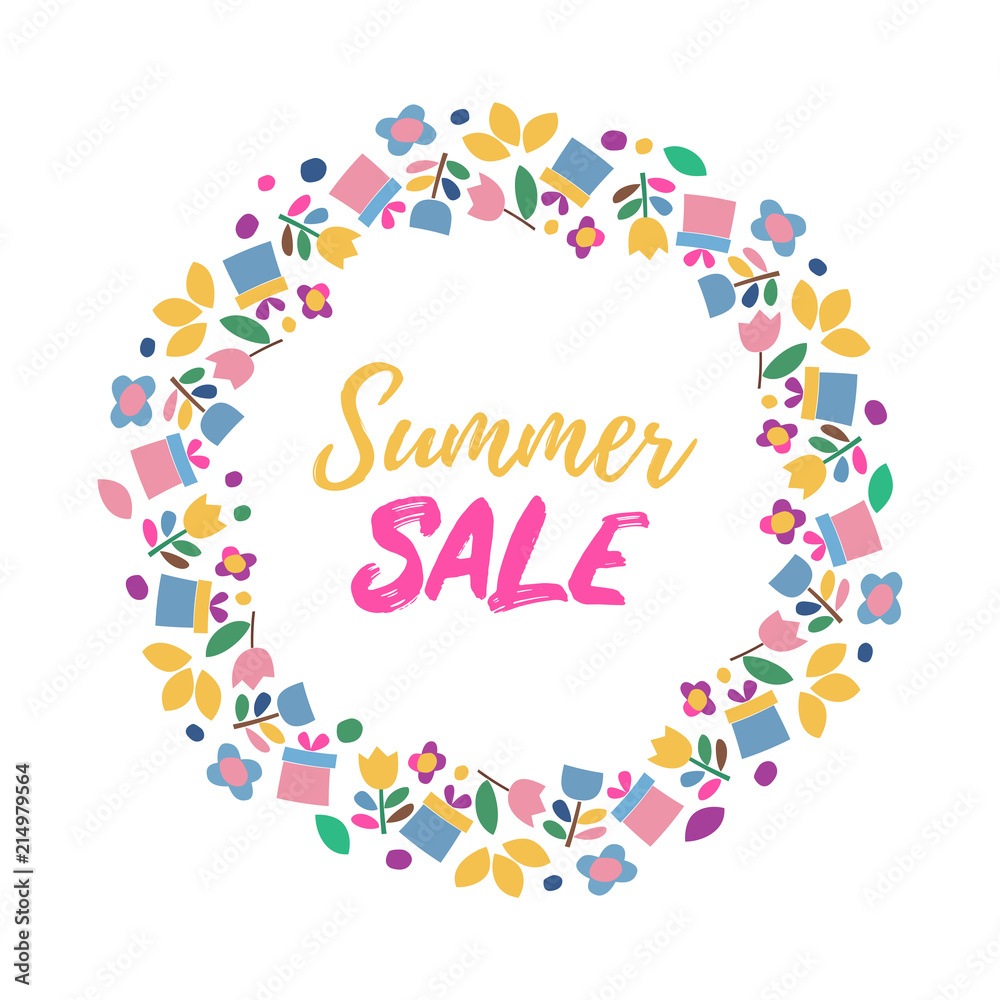 Summer sale banner. Vector frame with flowers and gifts icons on a white background. Cute border with simple element for kids and DIY project.