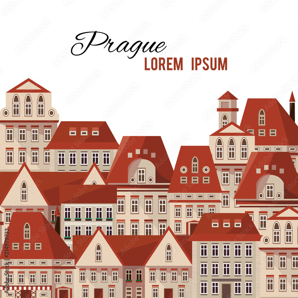 Modern typography Prague town houses red roofs panorama. Vector city Prague Czech Republic background for your design. Can be used for postcard, poster or print. Prague vector illustration