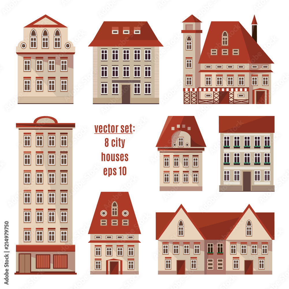 Modern detailed flat vector buildings collection. Colorful template for you design. Set of Europe city houses. Different types of homes isolated on white. Editable elements for your design. Apartments