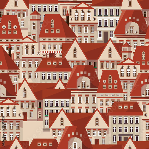 Vector red roofs seamless pattern. Modern town houses panorama. Vector city Prague Czech Republic seamless background for your design. Can be used for card, poster, print. Prague seamless texture