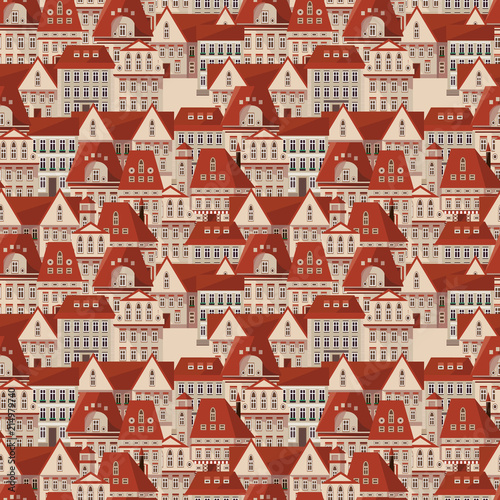 Vector red roofs seamless pattern. Modern town houses panorama. Vector city Prague Czech Republic seamless background for your design. Can be used for card, poster, print. Prague seamless texture
