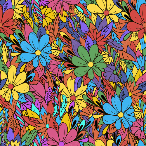 Seamless background colorful floral pattern with daisies.