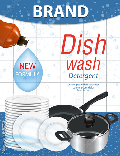 Dishwashing liquid products with stack plates, saucepan and frying pan. Bottle label package design. Dish wash advertisement poster layout. Vector