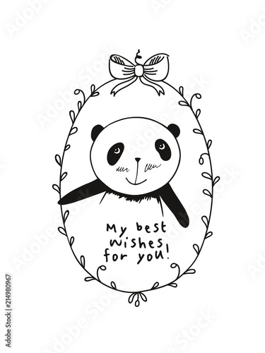 Fototapeta Naklejka Na Ścianę i Meble -  Greeting card for Valentine's Day, birthday, Mother's Day, wedding with cute panda and frame. Hand drawn panda. Vector.