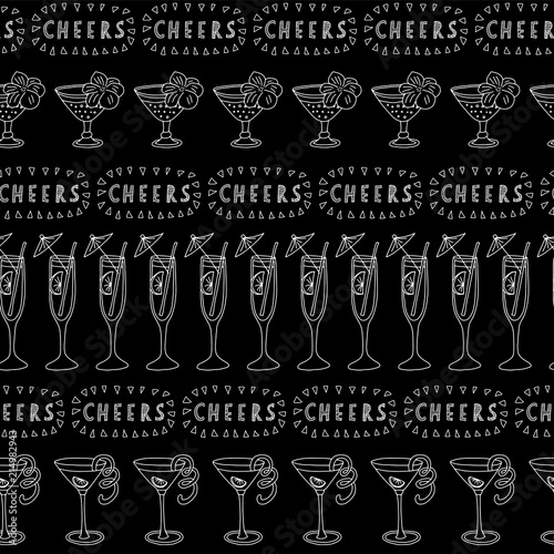 Tropical Cocktail glasses white on a black background with Cheers lettering. Seamless vector pattern. Great for backgrounds, restaurant, bar menues, bar decorations. Handwritten lettering.