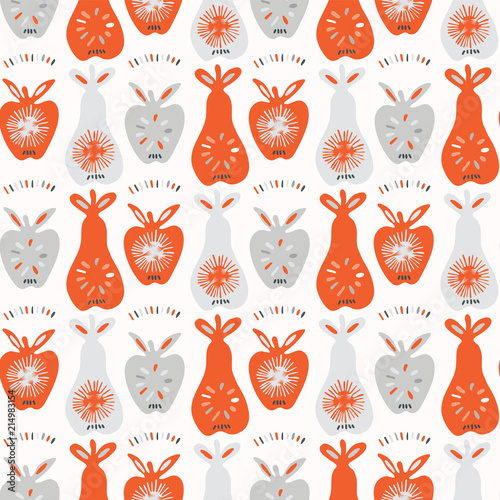 Scandi Apple Pear Folk Art Vector Pattern, Hand Drawn Stylized Fruit Illustration for Trendy Kitchen Decor, Vintage Fashion Prints, Cider Canning Labels, Retro Gardening Gift Wrap, Bright Grey Orange