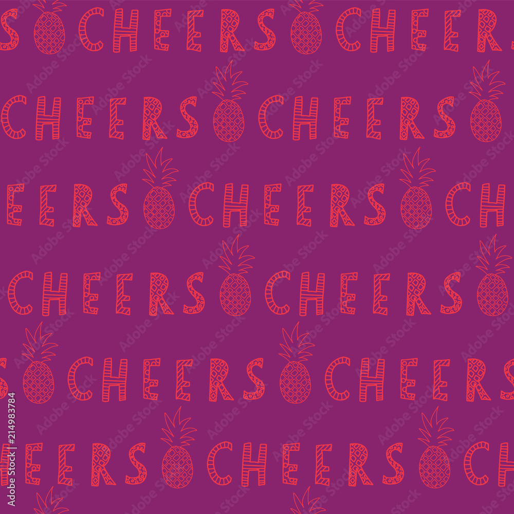Cheers lettering with pineapples. Pink on purple. Great for backgrounds, restaurant and bar menues, bar decorations. Seamless vector pattern. Handwritten lettering text. Cheers lettering with pineapples. Pink on purple. Great for backgrounds, restaurant and bar menues, bar decorations. Seamless vector pattern. Handwritten lettering text.