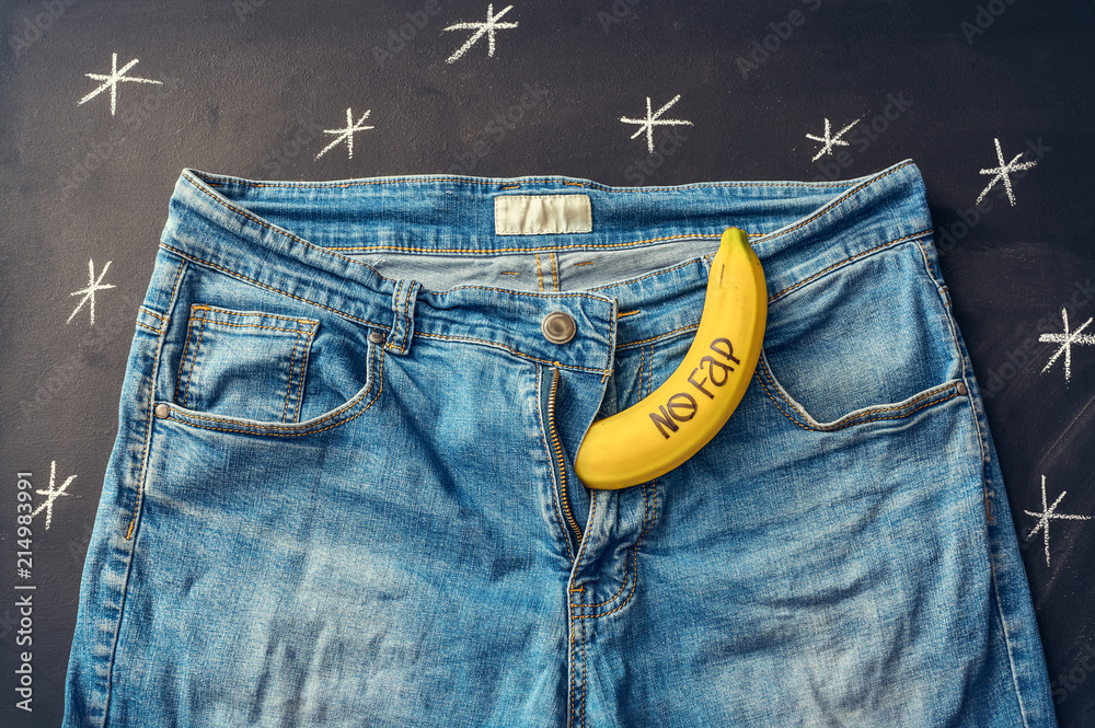 Banana with inscription "nofap" out of jeans like mens penis. Concept  sexual problems. Stock Photo | Adobe Stock