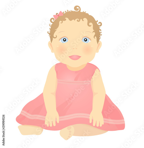 Cute little girl (baby) sitting on the floor in pink dress like a doll. Isolated cartoon vector of toddler girl on white background