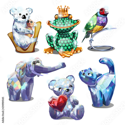 A set of animal figurines of faceted gems isolated on white background. Vector cartoon close-up illustration.