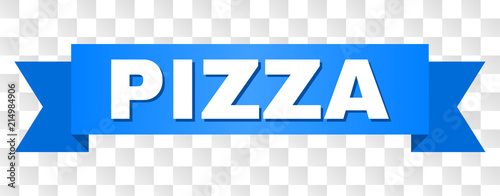 PIZZA text on a ribbon. Designed with white title and blue tape. Vector banner with PIZZA tag on a transparent background.