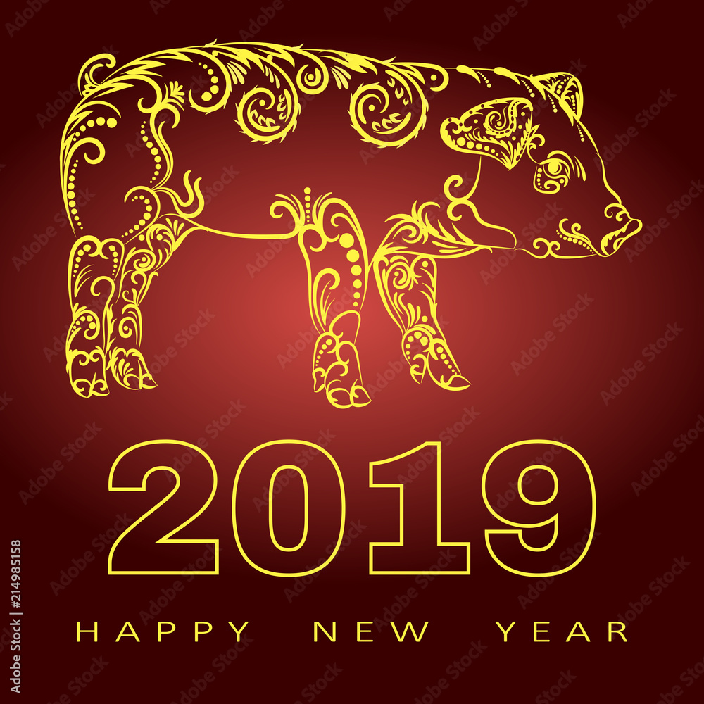 Fototapeta premium Happy chinese new year 2019 card with gold pig zodiac. Gold paper cut art and craft style. Silhouette of a pig consists of a floral pattern.