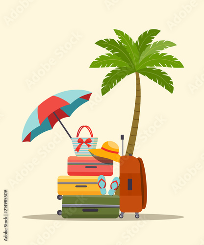 Suitcase, bags and other luggage, palm tree and umbrella beach. Vector flat style illustration