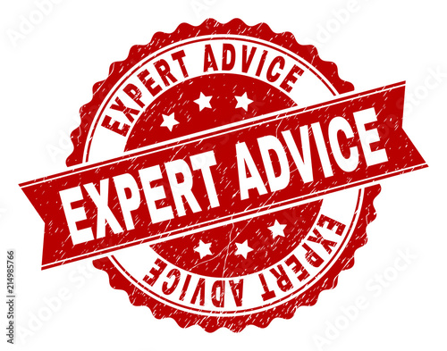 EXPERT ADVICE seal print with distress texture. Rubber seal imitation has circle medallion form and contains ribbon. Red vector rubber print of EXPERT ADVICE text with dust texture.