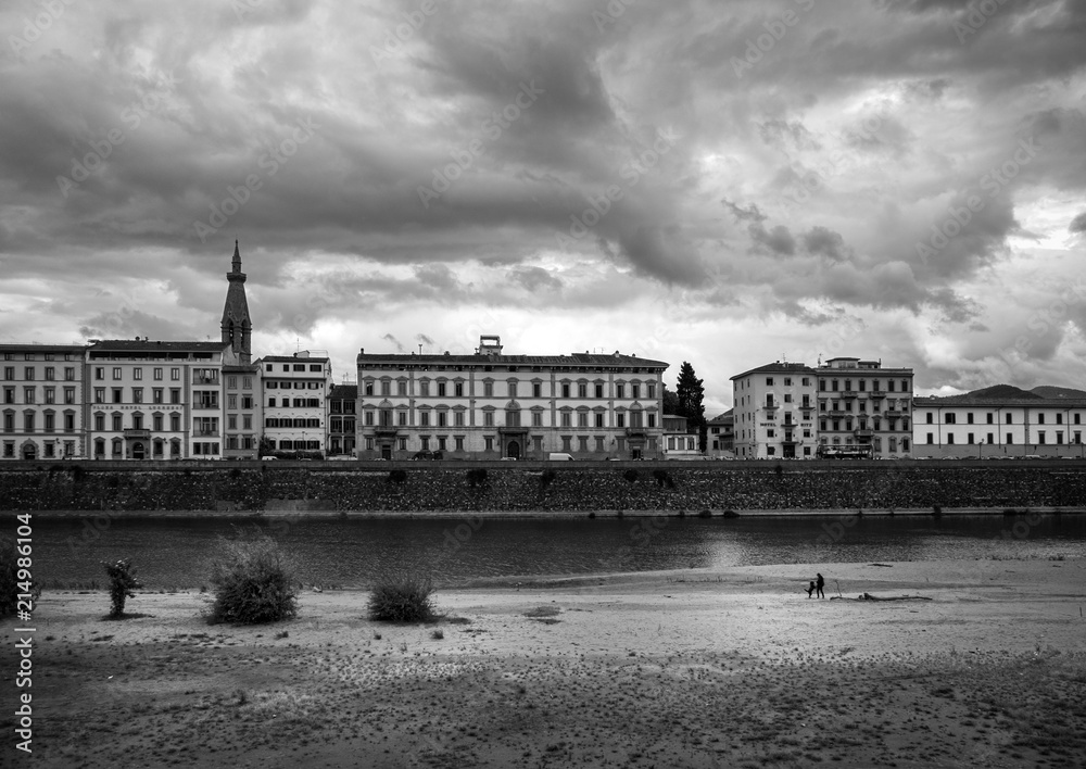 Embankment of the Arno River. Florence. Tuscany. Italy. black and white