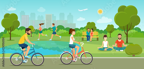 Boys and girls riding a bicycle, sitting on the bench, running and making meditation in the park. Vector flat style illustration