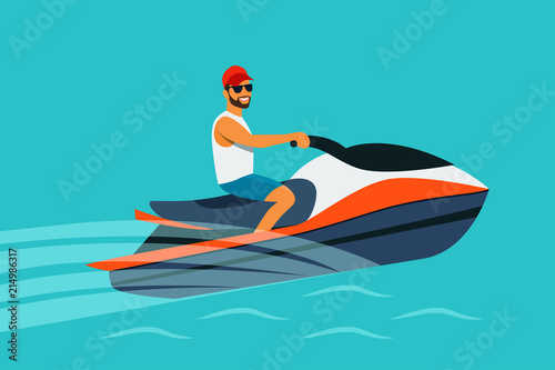 Young man riding watercraft isolated. Vector flat style illustration