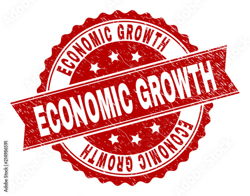 ECONOMIC GROWTH seal print with corroded surface. Rubber seal imitation has circle medallion shape and contains ribbon. Red vector rubber print of ECONOMIC GROWTH tag with corroded texture.