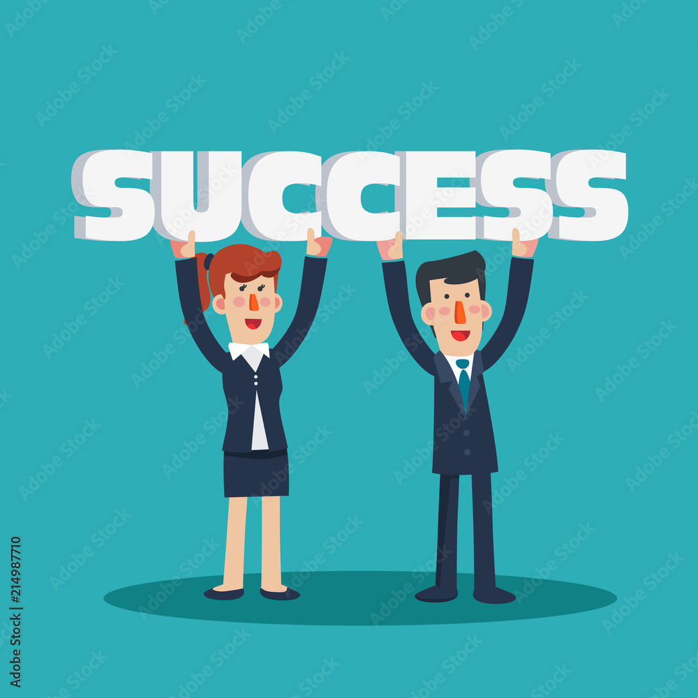 Successful, smiling, young, happy business man and business woman. Communication, assistance, partnership, cooperation, collaboration and teamwork in business vector concept Successful, smiling, young, happy business man and business woman. Communication, assistance, partnership, cooperation, collaboration and teamwork in business vector concept