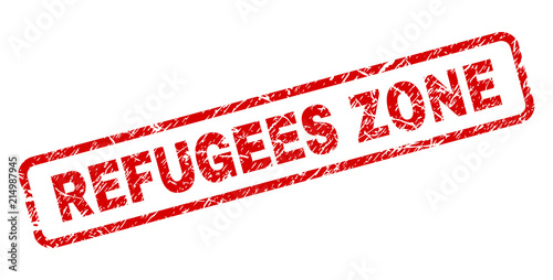 REFUGEES ZONE stamp seal imprint with scratced style. Red vector rubber print of REFUGEES ZONE title with unclean texture. Text title is placed inside rounded rectangle frame.