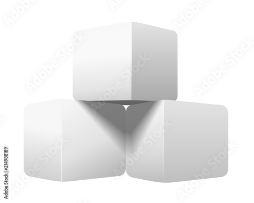 Blank white cube pyramid. Three empty mockup vector boxes isolated on white background