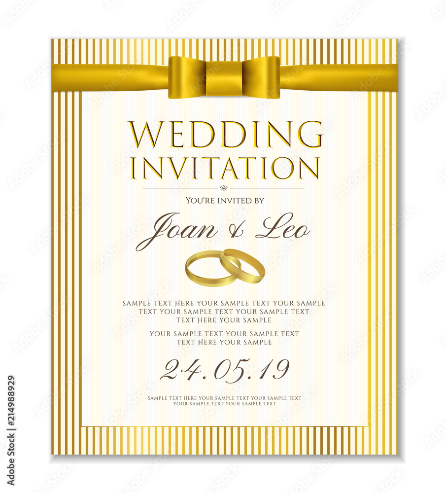 Wedding invitation design template (Save the date card). Classic Golden  background with gold bow, ribbon and wedding rings useful for any  Invitations, marriage, anniversary, engagement party Stock Vector | Adobe  Stock