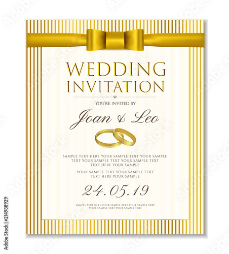 Wedding invitation design template (Save the date card). Classic Golden background with gold bow, ribbon and wedding rings useful for any Invitations,  marriage, anniversary, engagement party