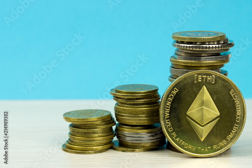 Ethereum Worlds Coins towwer. Money and business concept photo