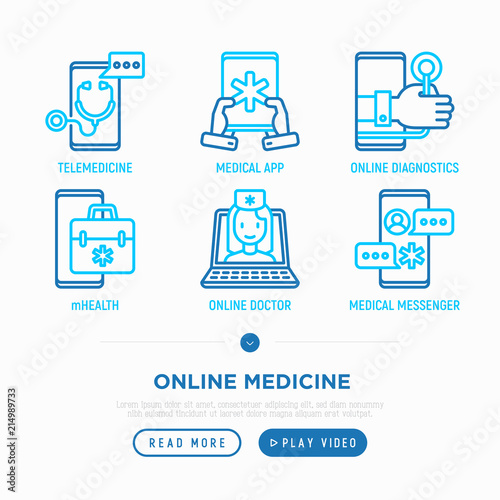 Online medicine, telemedicine thin line icons set: ambulance online, tracker, mHealth, messenger, check symptomps. Modern vector illustration.